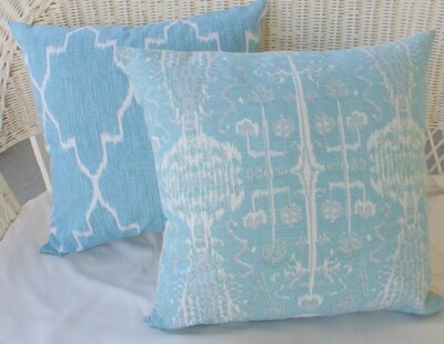 Ikat pillow cover, Mist and White Lacefield Ikat pillow cover, Designer fabric, Blue Ikat Pillows - image1